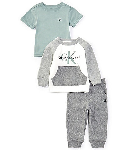 Calvin Klein Baby Boys 12-24 Months Long Sleeve Color Block Fleece Sweatshirt & Jogger Pants & Short Sleeve Jersey T-Shirt Set