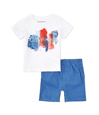 Calvin Klein Baby Boys 12-24 Months Short Sleeve Painted Logo Jersey T-Shirt & Solid Twill Shorts Set