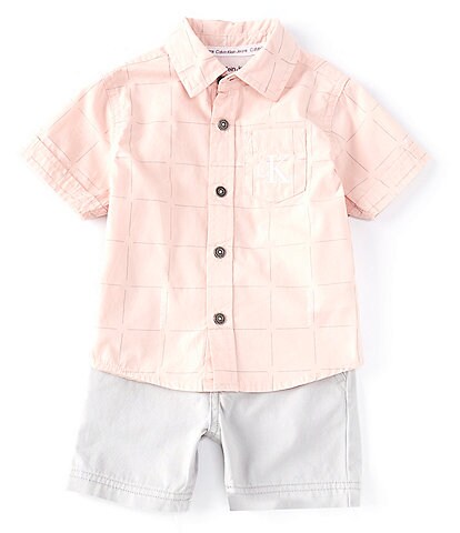 Calvin Klein Baby Boys 12-24 Months Short-Sleeve Printed Poplin Button Down Shirt & Twill Shorts Set