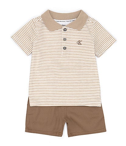 Calvin Klein Baby Boys 12-24 Months Short-Sleeve Striped Jersey Polo Shirt & Solid Twill Shorts Set