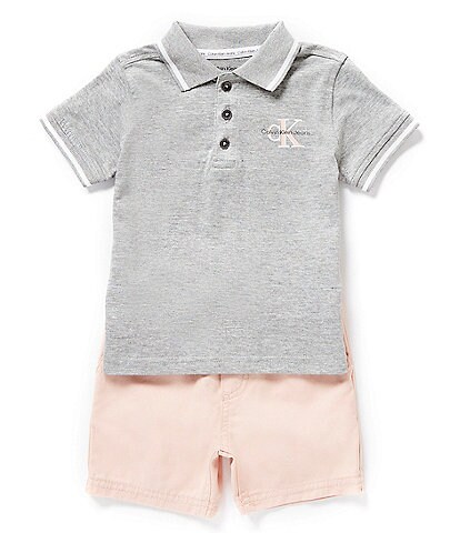 Calvin Klein Baby Boys 12-24 Months Short-Sleeve Ticking-Stripe Polo Shirt & Solid Shorts Set