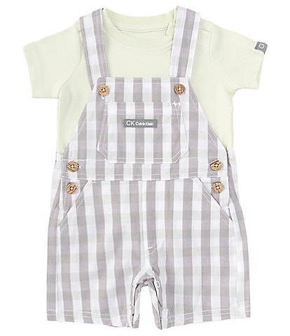 Calvin Klein Baby Boys Newborn-6 Months Checked Poplin Shortall & Solid Short Sleeve Knit T-Shirt