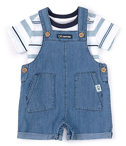 Calvin Klein Baby Boys Newborn-9 Months Sleeveless Chambray Shortall & Short-Sleeve Striped Knit Tee