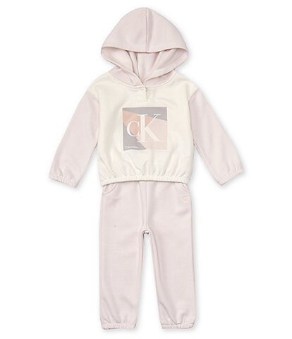 Calvin Klein Baby Girls 12-24 Months Long Sleeve Color Block Fleece Hoodie & Solid Fleece Pants Set