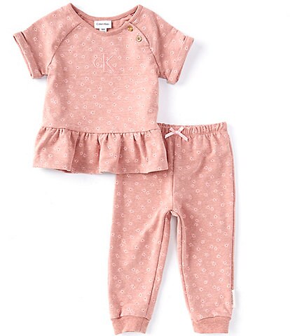 Calvin Klein Baby Girls 12-24 Months Short-Sleeve Floral-Printed French Terry Top & Matching Jogger Pant Set
