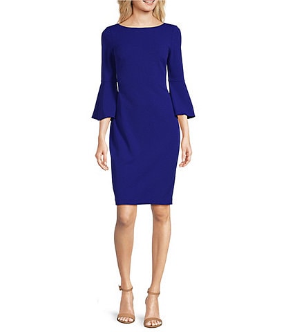 Calvin Klein Women's Solid Sheath with Chiffon Bell Sleeves Dress