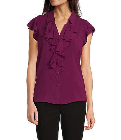 Calvin Klein Cap Sleeve Ruffle Button Front Blouse