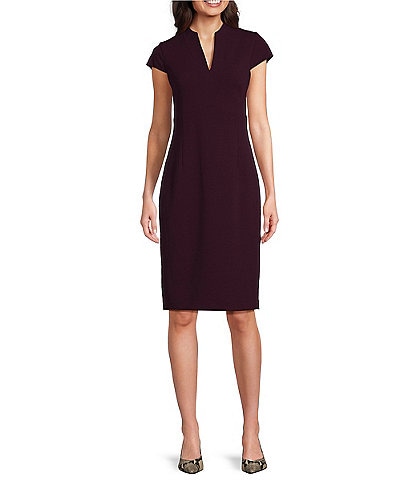 Calvin Klein Short Sleeve Split V-Neck Scuba Crepe Sheath Dress