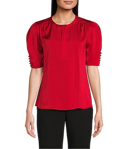 Calvin Klein Solid Crepe de Chine Split V-Neck Long Sleeve Blouse