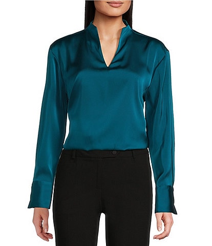 Calvin Klein Charmeuse Deep V-Neck Long Sleeve Blouse