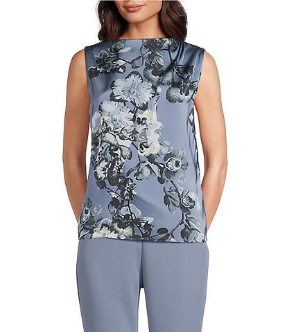 Calvin Klein Charmeuse Floral Print Asymmetric Mock Neck Sleeveless Top