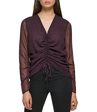 Calvin Klein Checked Point Print Long Sleeve V-Neck Ruched Front Blouse