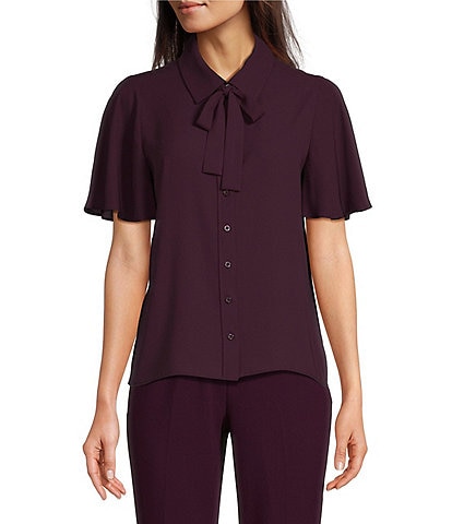 Calvin Klein Chiffon Flutter Short Sleeve Collared Tie Neck Blouse