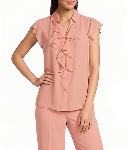 Calvin Klein Chiffon Flutter Sleeve Point Collar Ruffle Button Front Blouse