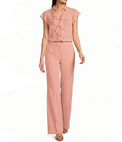 Calvin Klein Chiffon Flutter Sleeve Point Collar Ruffle Button Front Blouse