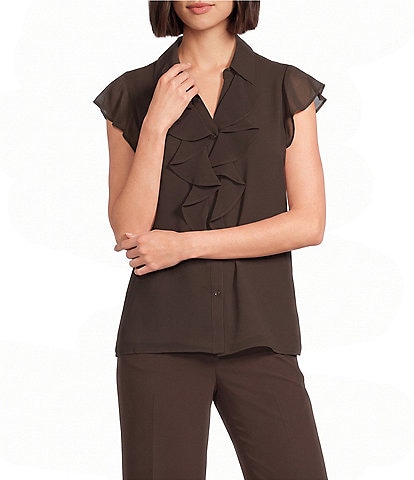 Calvin Klein Chiffon Flutter Sleeve Point Collar Ruffle Button Front Blouse