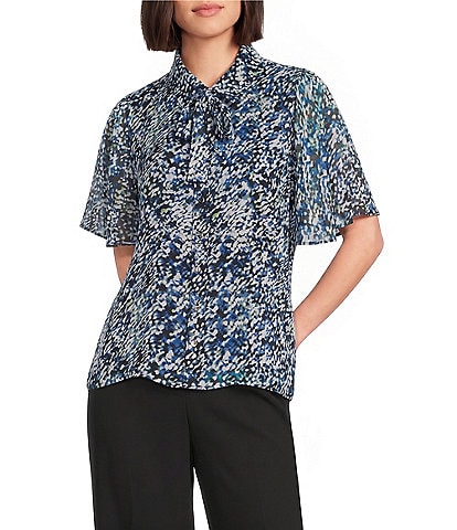 Calvin Klein Chiffon Printed Tie Neck Short Flutter Sleeve Button Front Blouse