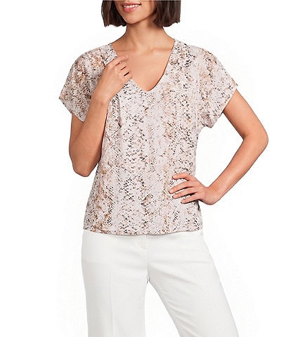 Calvin Klein Chiffon Snake Print V-Neck Short Flutter Sleeve Top