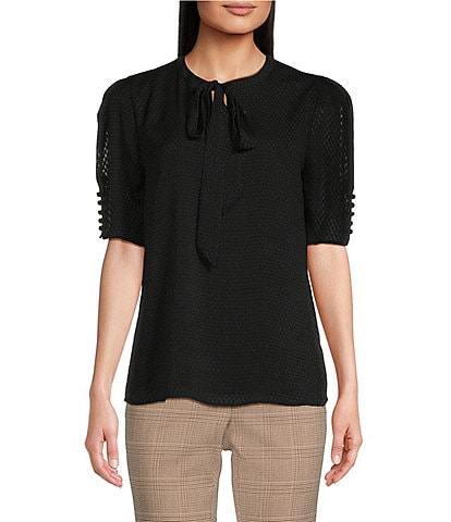 Calvin Klein Charmeuse Sleeve Button Crew Short Neck | Dillard\'s Puff Blouse Detail