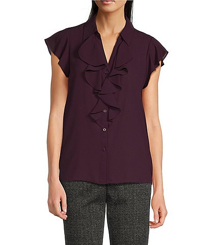 Calvin Klein Collared Flutter Cap Sleeve Cascading Ruffle Button Front Blouse