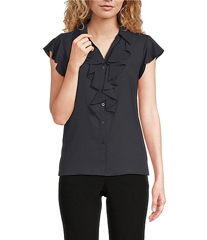 Calvin Klein Collared Flutter Cap Sleeve Cascading Ruffle Button Front Blouse