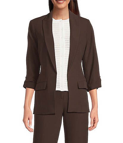 Calvin Klein Coordinating Crepe Notch Collar Roll Tab Sleeve Open Front Jacket