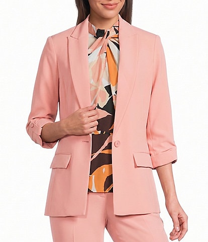 Calvin Klein Coordinating Crepe Notch Collar Roll Tab Sleeve Open Front Jacket