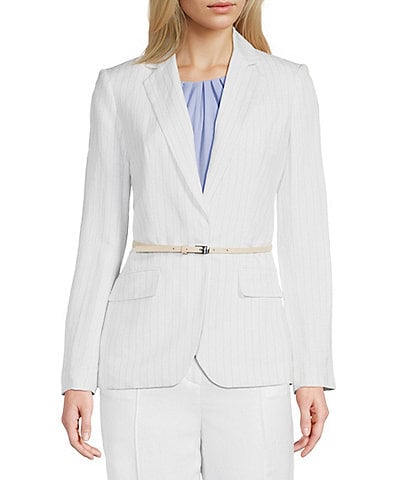 Calvin Klein Coordinating Linen Blend Stripe Notch Lapel Long Sleeve Belted Jacket
