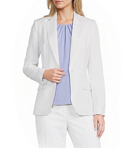 Calvin Klein Coordinating Linen Blend Stripe Notch Lapel Long Sleeve Belted Jacket