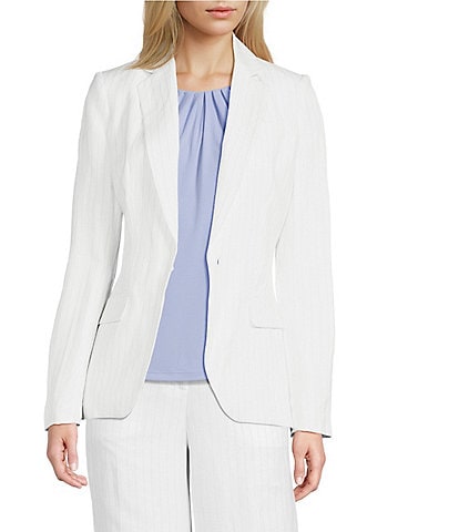 Calvin Klein Coordinating Linen Blend Stripe Notch Lapel Long Sleeve Belted Jacket