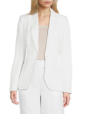 Calvin Klein Coordinating Linen Blend Stripe Notch Lapel Long Sleeve Belted Jacket
