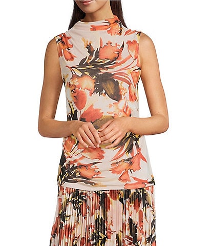 Calvin Klein Coordinating Mesh Knit Floral Mock Neck Sleeveless Top