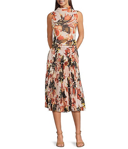 Calvin Klein Coordinating Mesh Knit Floral Mock Neck Sleeveless Top
