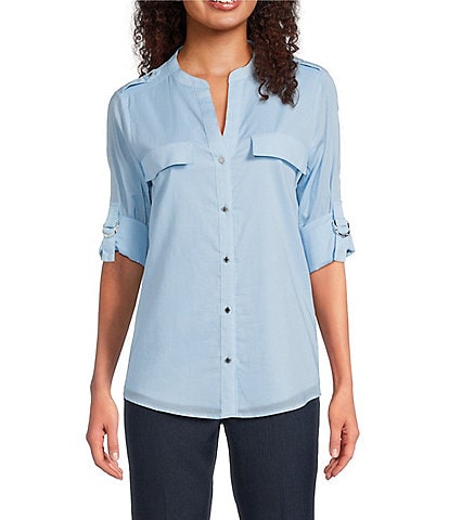 Calvin Klein Cotton Crew Neck Roll Tab Sleeve Button Front Blouse