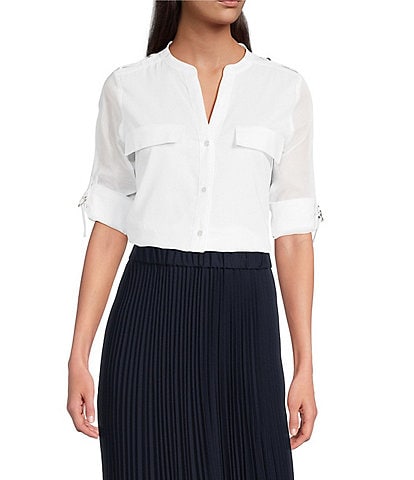 Calvin Klein Cotton Crew Neck Roll Tab Sleeve Button Front Blouse