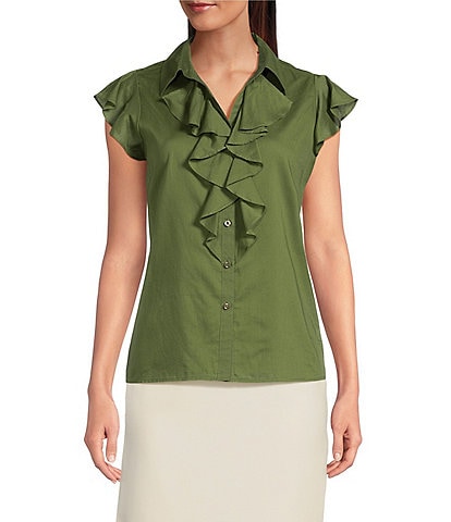 Calvin Klein Cotton Flutter Sleeve Collared Ruffle Button Front Blouse