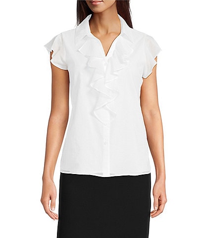 Calvin Klein Cotton Flutter Sleeve Collared Ruffle Button Front Blouse