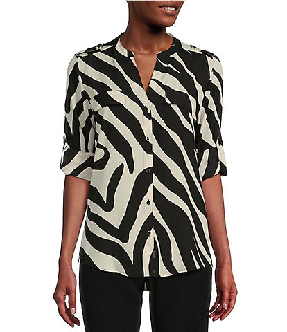 Calvin Klein Crepe de Chine Animal Print Y-Neck Long Roll-Tab Sleeve Button-Front Top