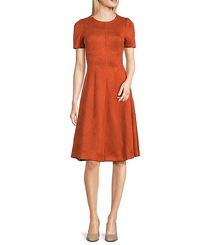 Calvin Klein Crew Neck Short Sleeve Faux Suede Fit and Flare Dress