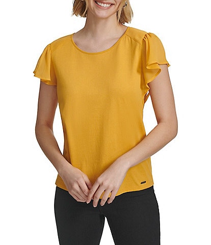 Calvin Klein Crew Neckline Flutter Cap Sleeve Blouse