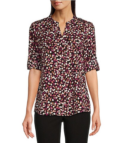 Calvin Klein Abstract Dot Printed Split V Neckline Roll Tab Long Sleeve Blouse