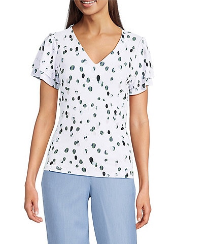 Calvin Klein Dotted V-Neck Flutter Short Sleeve Top