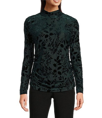 Calvin Klein Floral Burnout Crushed-Velvet Long Sleeve Mock Neck Ruched Top