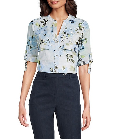 Calvin Klein Floral Cotton Crew Neck Roll Tab Sleeve Button Front Blouse