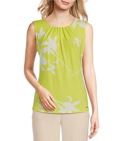 Calvin Klein Floral Knit Pleated Crew Neck Sleeveless Fitted Cami Top