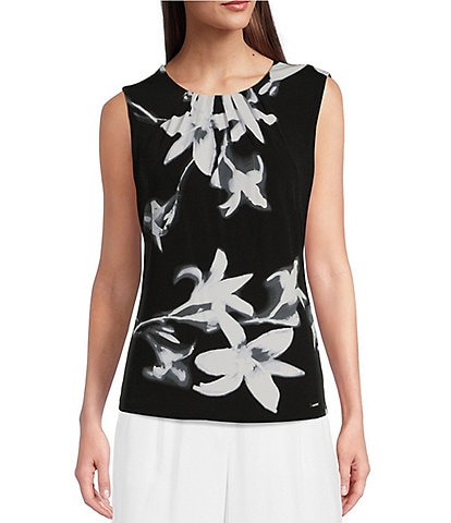 Calvin Klein Floral Knit Pleated Crew Neck Sleeveless Fitted Cami Top
