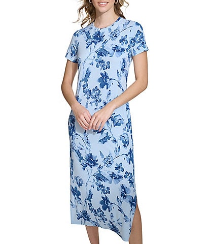 Calvin Klein Floral Print Crew Neck Short Sleeve Side Slit Midi Dress