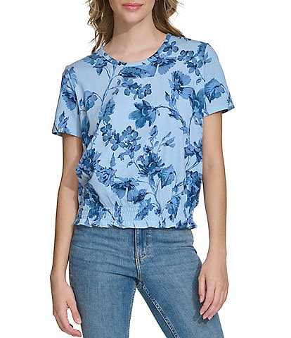 Calvin Klein Floral Print Crew Neck Short Sleeve Smocked Hem Top