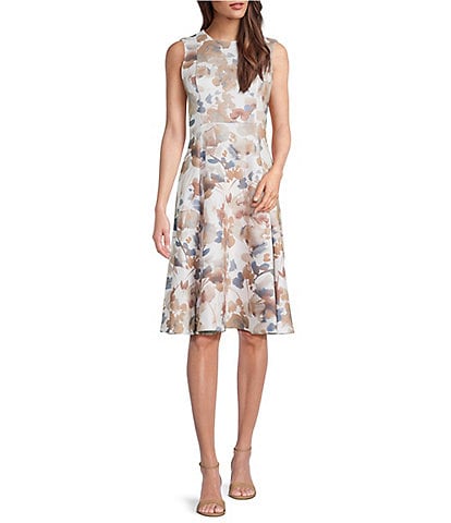 Calvin Klein Floral Print Crew Neck Sleeveless Fit and Flare Midi Dress