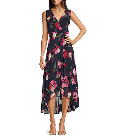 Calvin Klein Floral Print Sleeveless Surplice V-Neck Maxi Wrap Dress